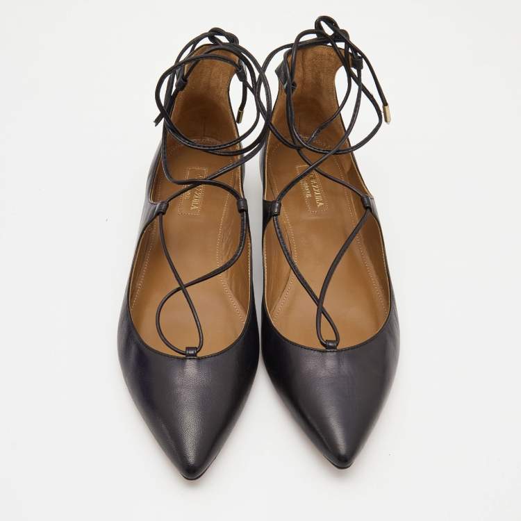 Pre Owned Aquazzura Black Leather Christy Ballet Flats Size 39