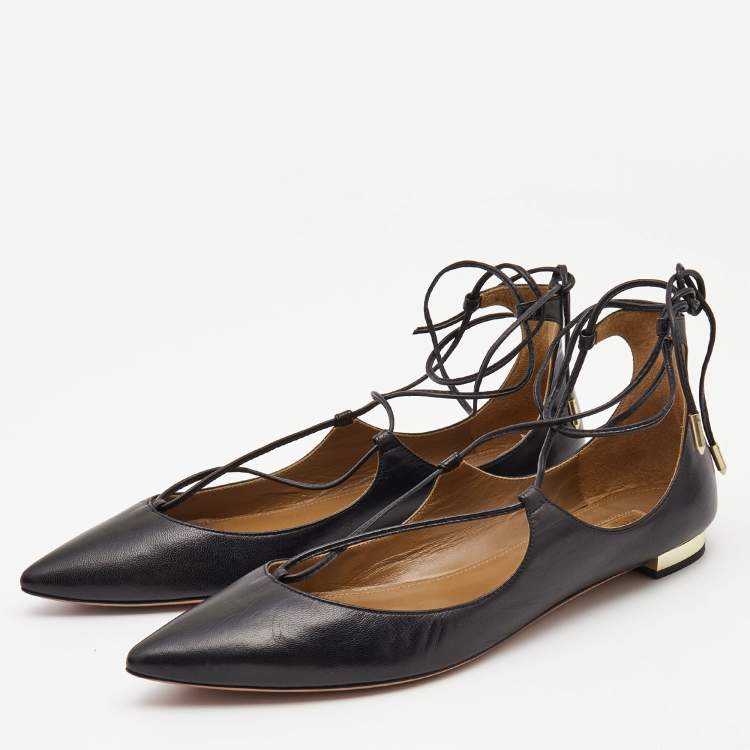 Pre Owned Aquazzura Black Leather Christy Ballet Flats Size 39