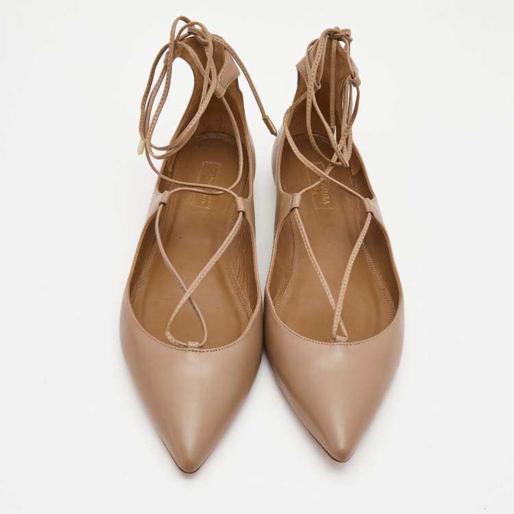 مملوكة مسبقًا Aquazzura Beige Leather Christy Ballet Flats Size 38.5