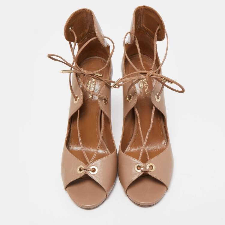 مملوكة مسبقًا Aquazzura Beige Leather Tango Curvy Lace Up Sandals Size 38