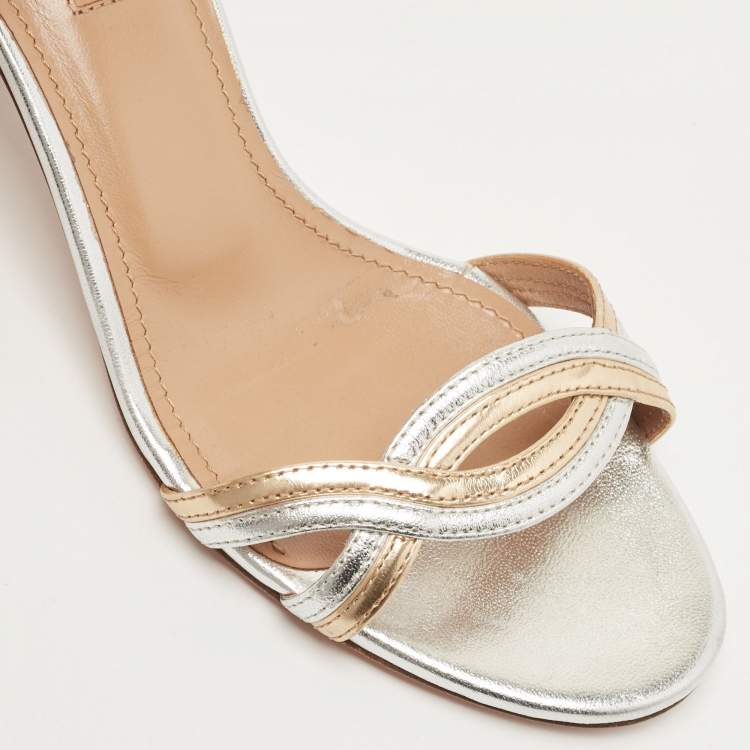 Pre Owned Aquazzura Silver/Gold Leather Moon Ray Sandals Size 36