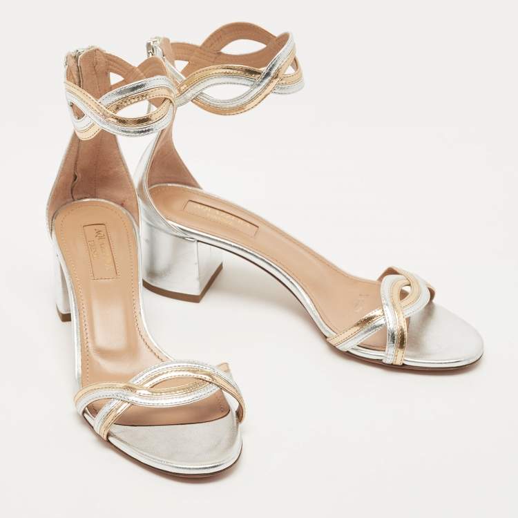 Pre Owned Aquazzura Silver/Gold Leather Moon Ray Sandals Size 36
