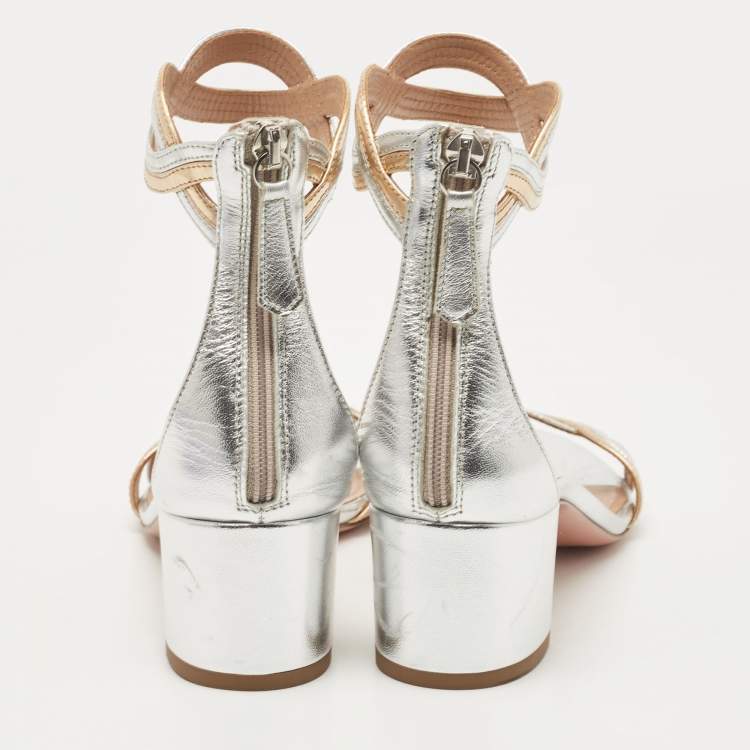 Pre Owned Aquazzura Silver/Gold Leather Moon Ray Sandals Size 36