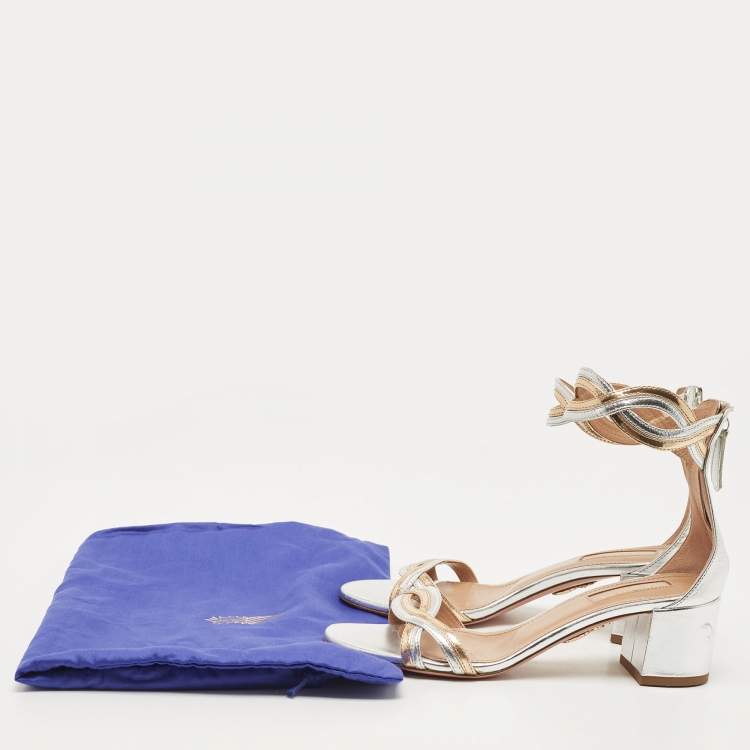 Pre Owned Aquazzura Silver/Gold Leather Moon Ray Sandals Size 36