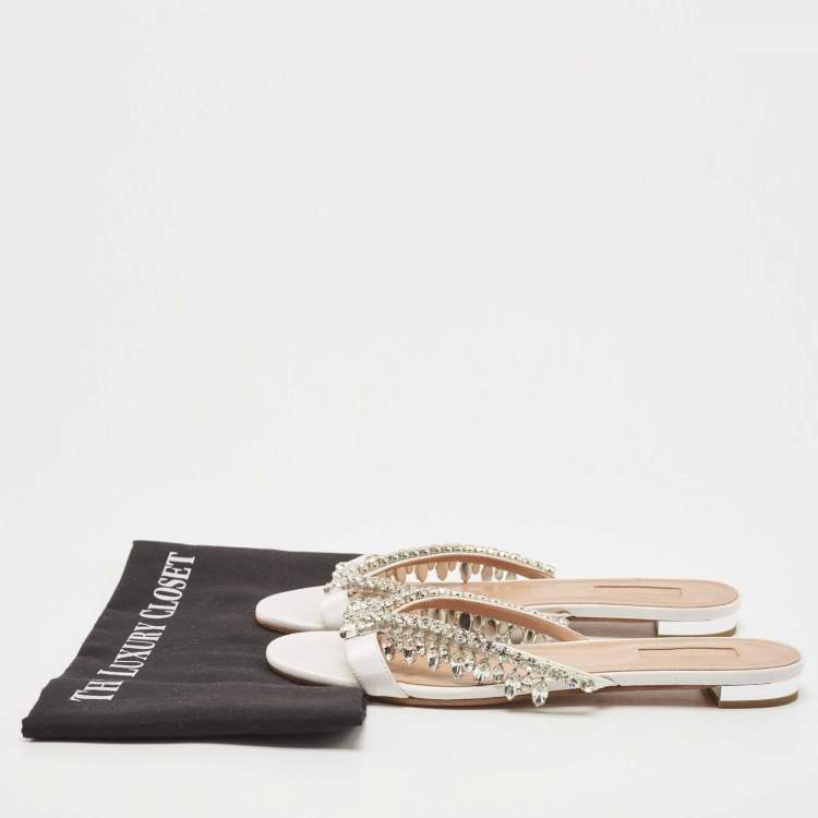 Pre Owned Aquazzura White Satin Embellished Gem Palace Flat Slides Size 39.5
