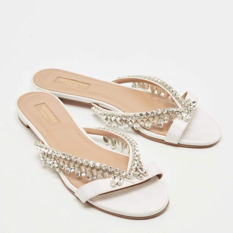 Pre Owned Aquazzura White Satin Embellished Gem Palace Flat Slides Size 39.5