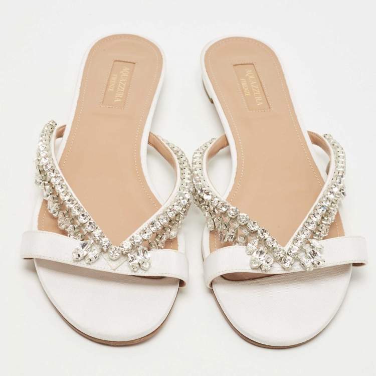 Pre Owned Aquazzura White Satin Embellished Gem Palace Flat Slides Size 39.5