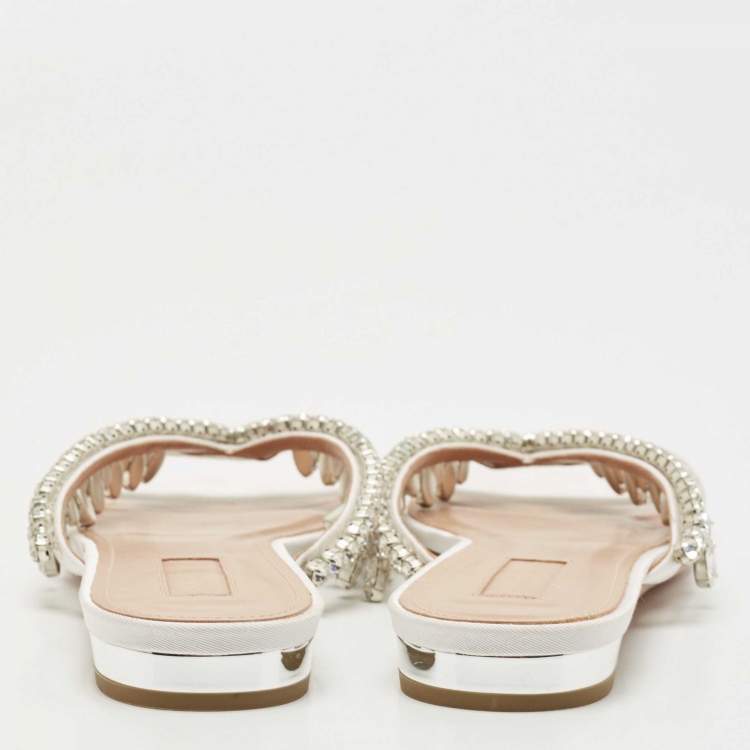 Pre Owned Aquazzura White Satin Embellished Gem Palace Flat Slides Size 39.5