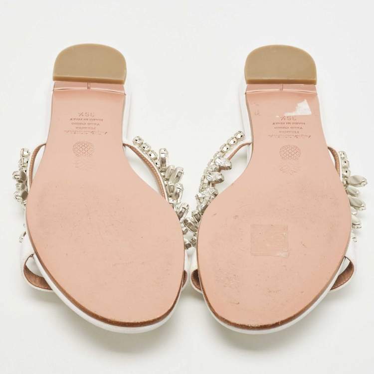 Pre Owned Aquazzura White Satin Embellished Gem Palace Flat Slides Size 39.5