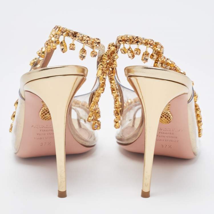 Pre Owned Aquazzura Gold Leather and PVC Temptation  Slingback Pump Size 37.5
