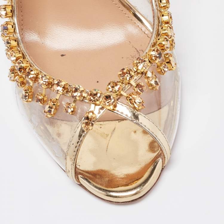 Pre Owned Aquazzura Gold Leather and PVC Temptation  Slingback Pump Size 37.5