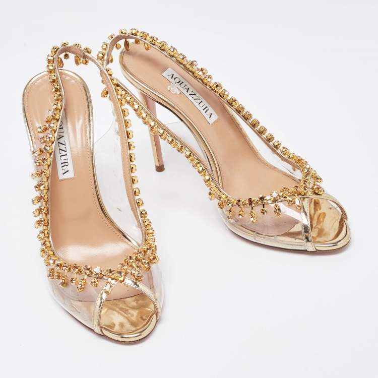 Pre Owned Aquazzura Gold Leather and PVC Temptation  Slingback Pump Size 37.5
