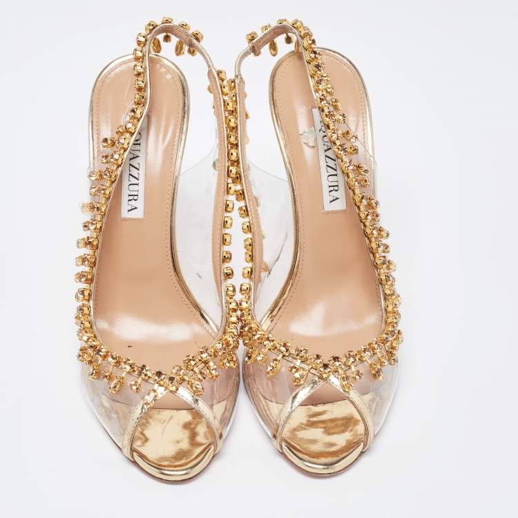 Pre Owned Aquazzura Gold Leather and PVC Temptation  Slingback Pump Size 37.5