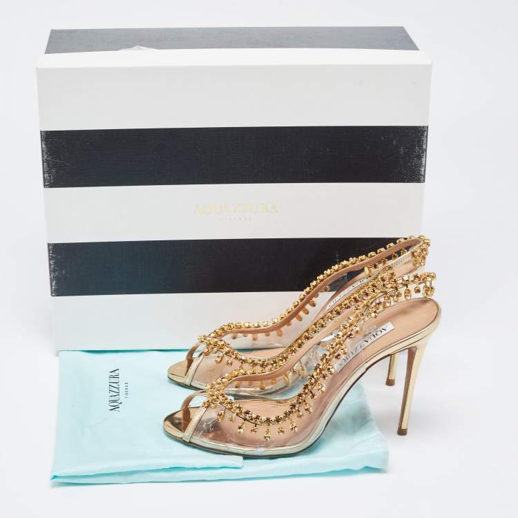 Pre Owned Aquazzura Gold Leather and PVC Temptation  Slingback Pump Size 37.5