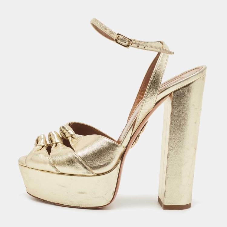 Pre Owned Aquazzura Metallic Gold Leather Platform Ankle Strap Sandals Size 38