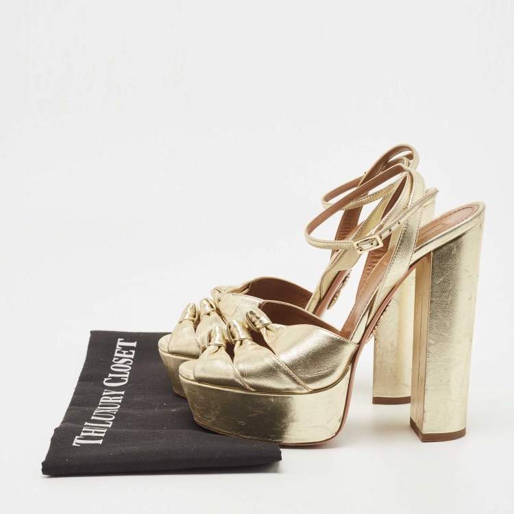 Pre Owned Aquazzura Metallic Gold Leather Platform Ankle Strap Sandals Size 38