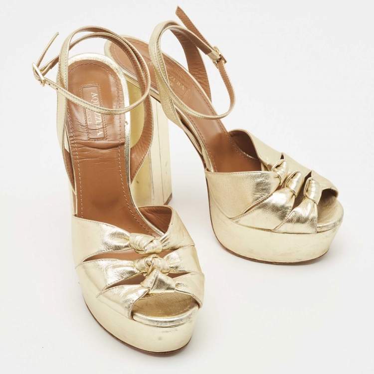 Pre Owned Aquazzura Metallic Gold Leather Platform Ankle Strap Sandals Size 38