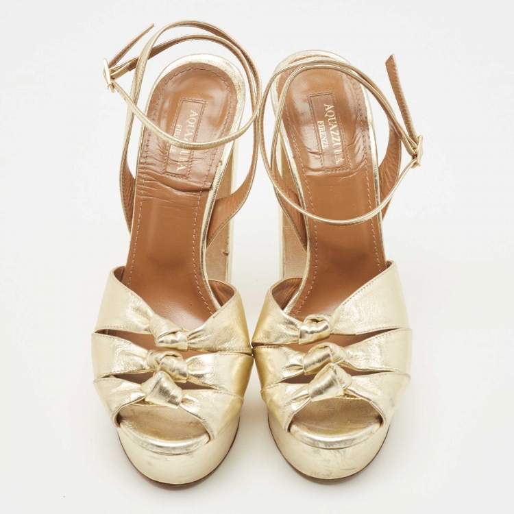 Pre Owned Aquazzura Metallic Gold Leather Platform Ankle Strap Sandals Size 38