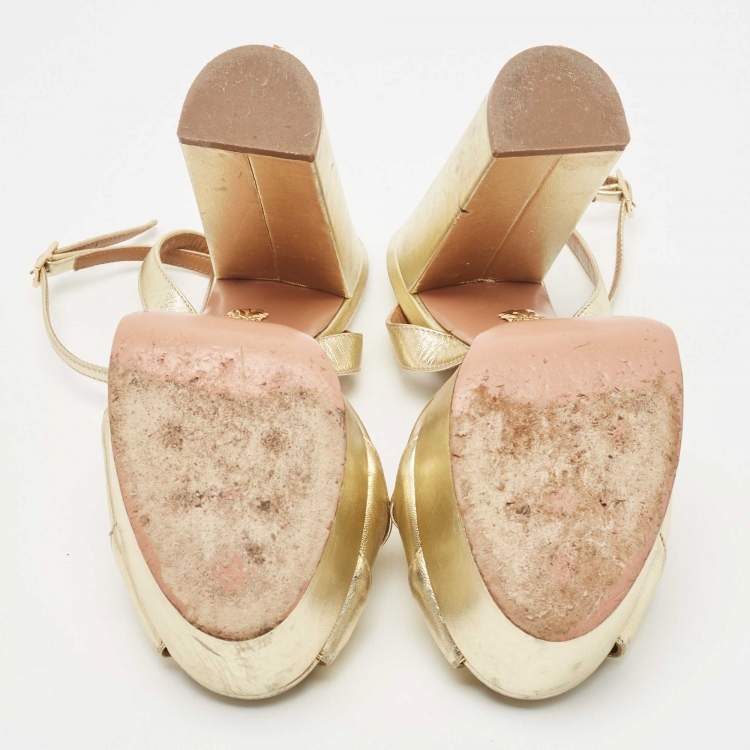 Pre Owned Aquazzura Metallic Gold Leather Platform Ankle Strap Sandals Size 38