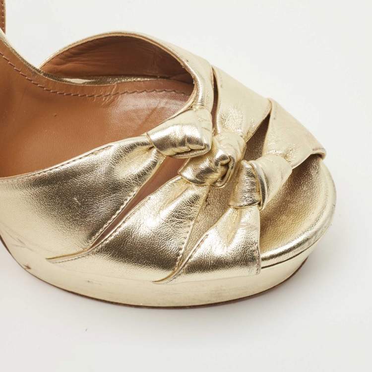 Pre Owned Aquazzura Metallic Gold Leather Platform Ankle Strap Sandals Size 38
