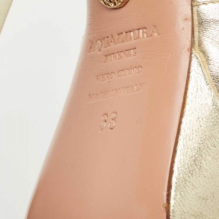Pre Owned Aquazzura Metallic Gold Leather Platform Ankle Strap Sandals Size 38