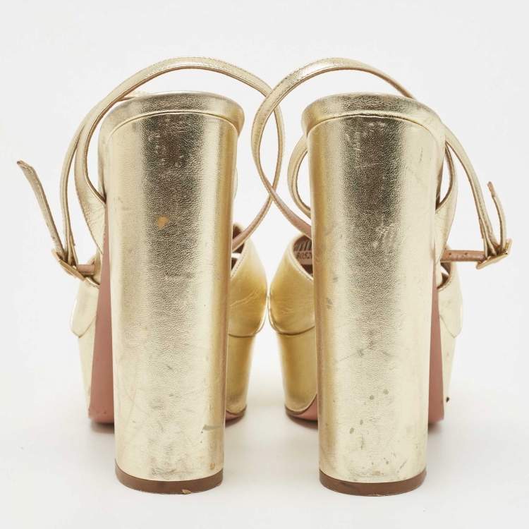 Pre Owned Aquazzura Metallic Gold Leather Platform Ankle Strap Sandals Size 38