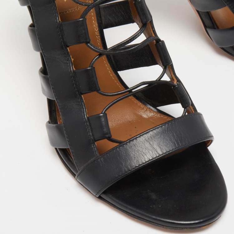 Pre Owned Aquazzura Black Leather Amazon Lace Up Open Toe Sandals Size 38