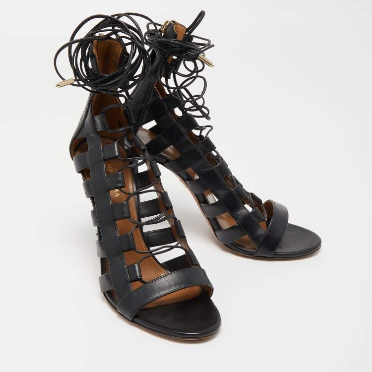 Pre Owned Aquazzura Black Leather Amazon Lace Up Open Toe Sandals Size 38