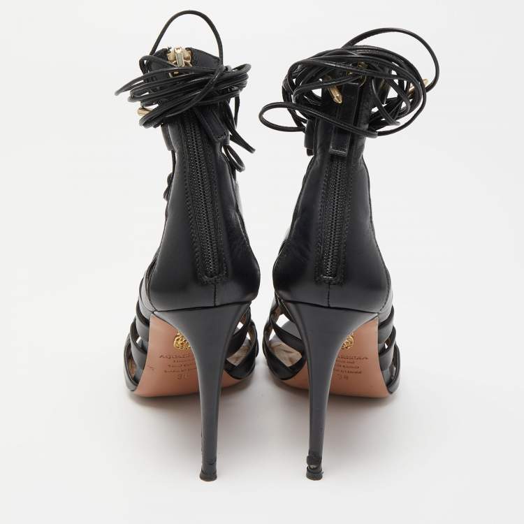 Pre Owned Aquazzura Black Leather Amazon Lace Up Open Toe Sandals Size 38