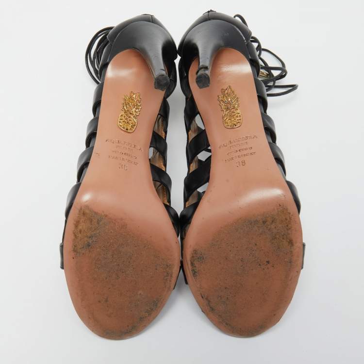 Pre Owned Aquazzura Black Leather Amazon Lace Up Open Toe Sandals Size 38
