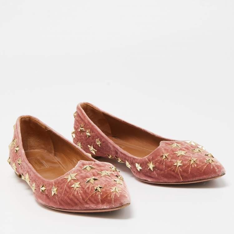 Pre Owned Aquazzura Pink Velvet Cosmic Star Ballet Flats Size 36