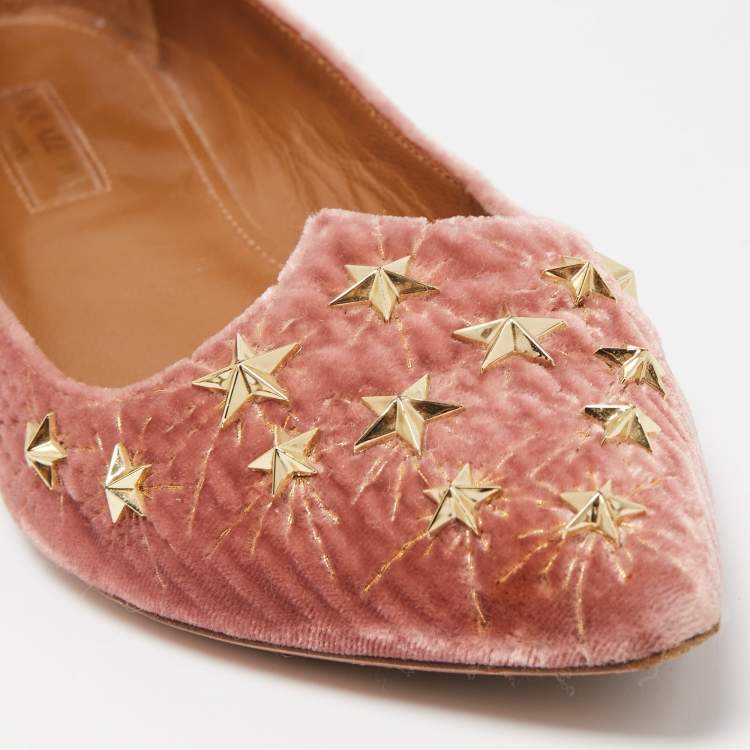 Pre Owned Aquazzura Pink Velvet Cosmic Star Ballet Flats Size 36