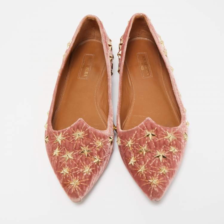 Pre Owned Aquazzura Pink Velvet Cosmic Star Ballet Flats Size 36