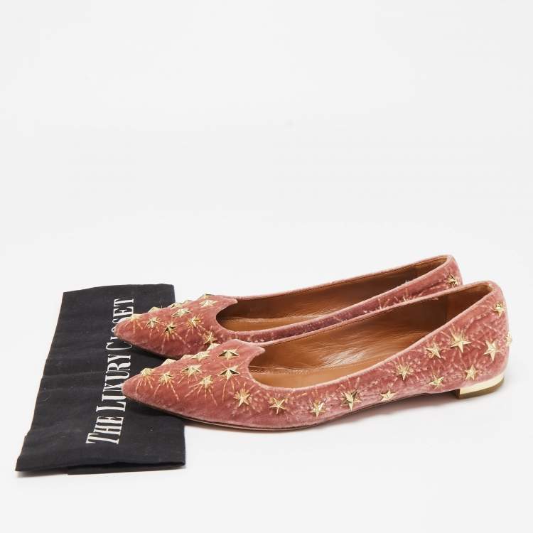 Pre Owned Aquazzura Pink Velvet Cosmic Star Ballet Flats Size 36