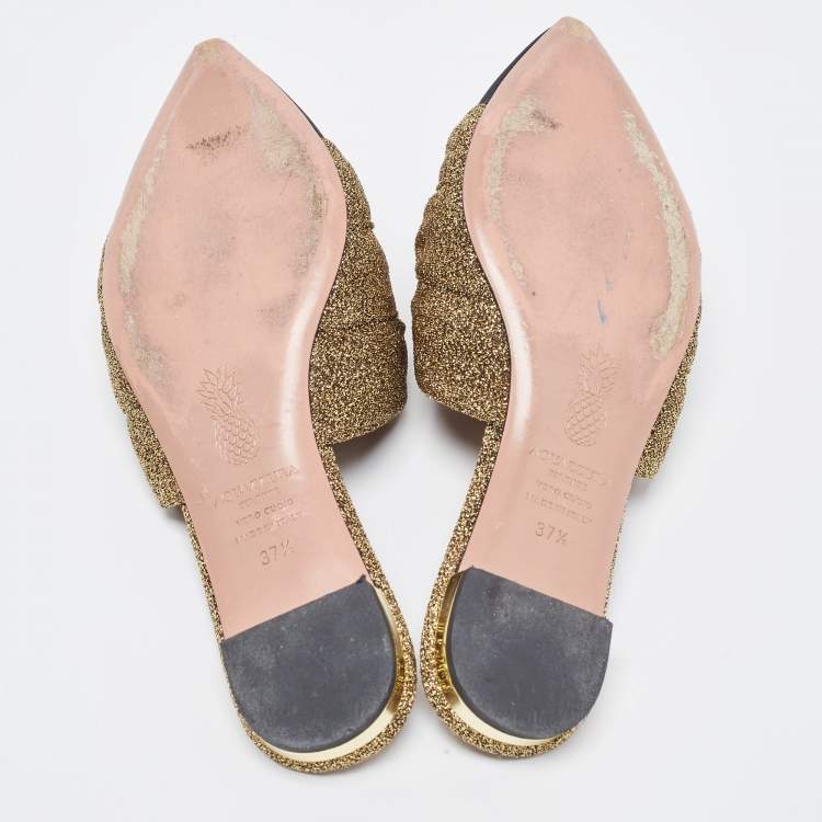 Pre Owned Aquazzura Gold/Black Glitter Fabric and Canvas Mondaine Mules Size 37.5
