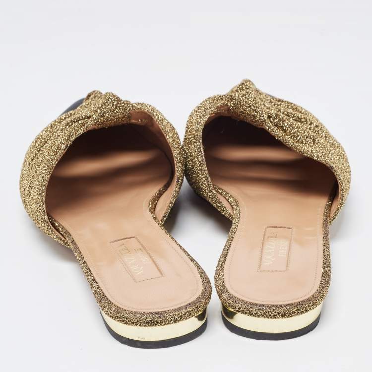 Pre Owned Aquazzura Gold/Black Glitter Fabric and Canvas Mondaine Mules Size 37.5