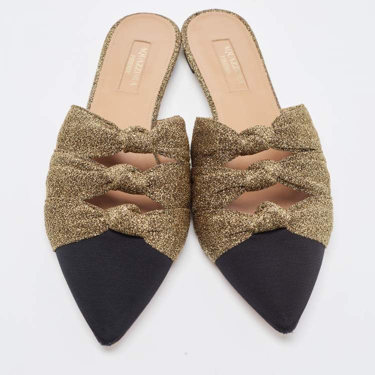 Pre Owned Aquazzura Gold/Black Glitter Fabric and Canvas Mondaine Mules Size 37.5