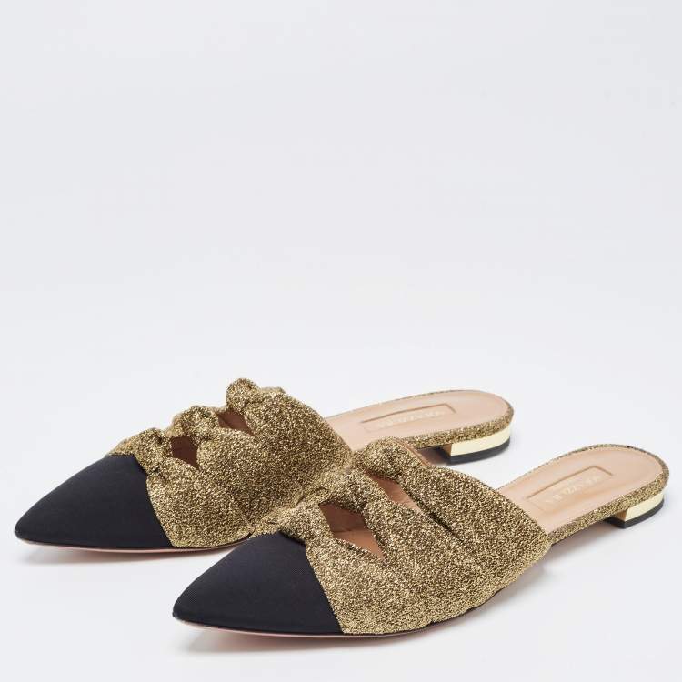 Pre Owned Aquazzura Gold/Black Glitter Fabric and Canvas Mondaine Mules Size 37.5