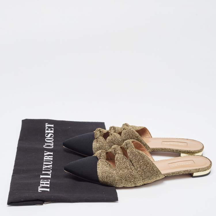 Pre Owned Aquazzura Gold/Black Glitter Fabric and Canvas Mondaine Mules Size 37.5