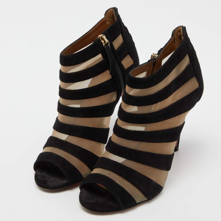 Pre Owned Aquazzura Black Suede and Mesh Open Toe Booties Size 38