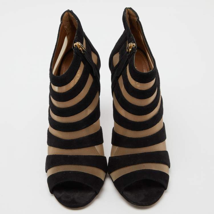 Pre Owned Aquazzura Black Suede and Mesh Open Toe Booties Size 38