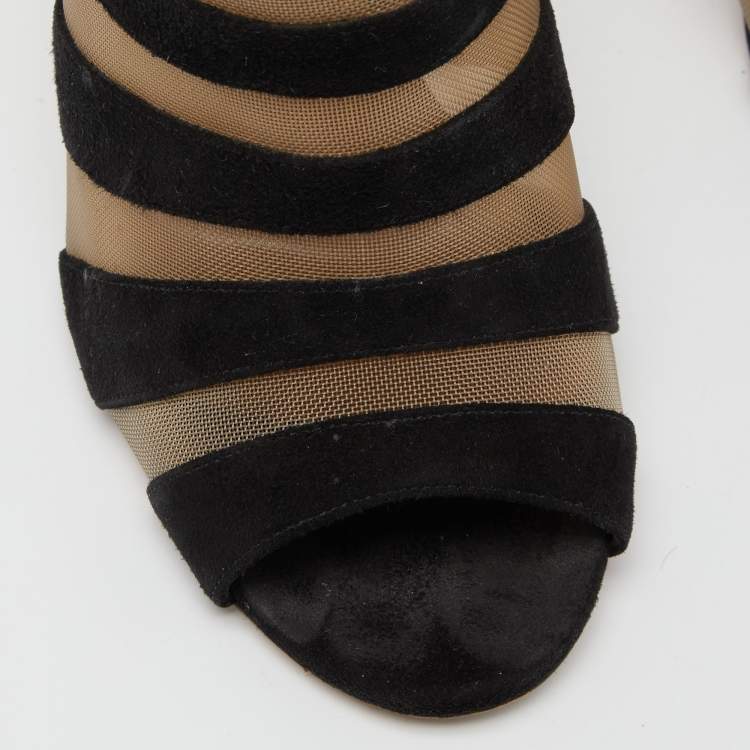 Pre Owned Aquazzura Black Suede and Mesh Open Toe Booties Size 38