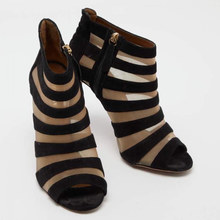 Pre Owned Aquazzura Black Suede and Mesh Open Toe Booties Size 38