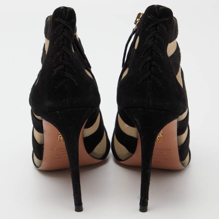 Pre Owned Aquazzura Black Suede and Mesh Open Toe Booties Size 38