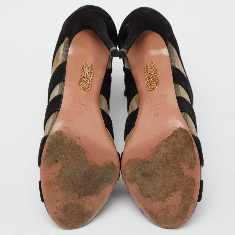 Pre Owned Aquazzura Black Suede and Mesh Open Toe Booties Size 38