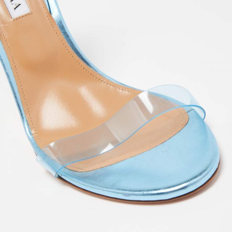 Pre Owned Aquazzura Metallic Blue Leather Perfect Kiss Sandals Size 40