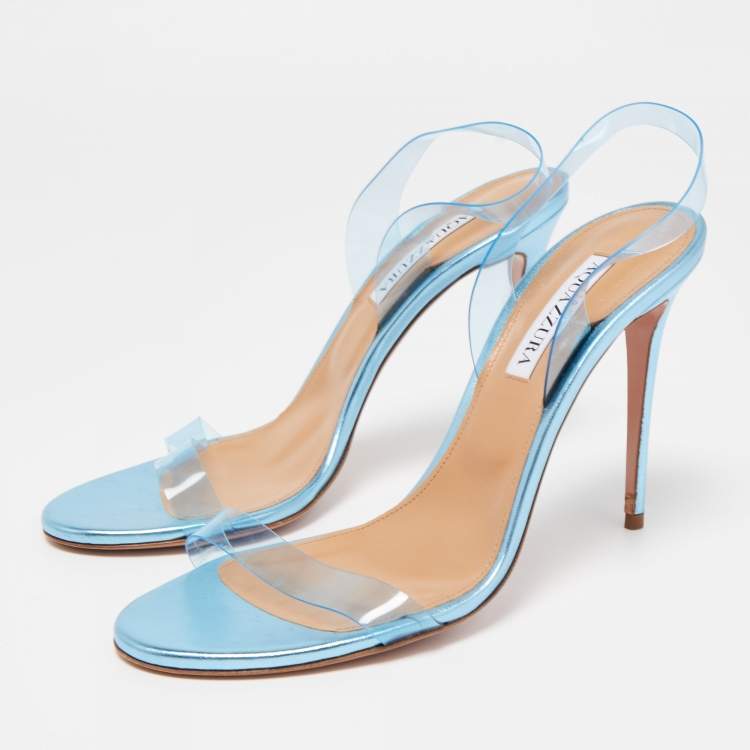 Pre Owned Aquazzura Metallic Blue Leather Perfect Kiss Sandals Size 40
