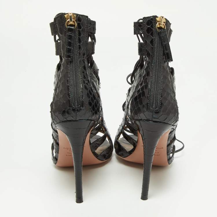 Pre Owned Aquazzura Black Watersnake Leather Amazon Lace Up Open Toe Sandals Size 36