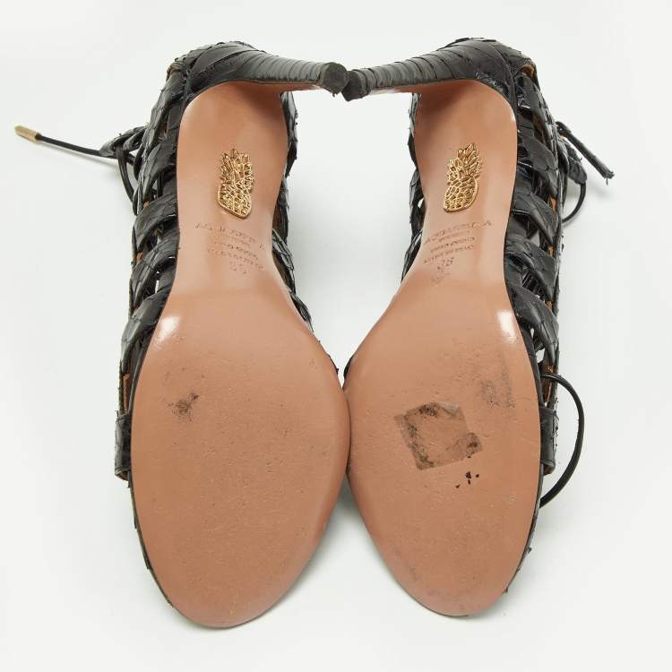 Pre Owned Aquazzura Black Watersnake Leather Amazon Lace Up Open Toe Sandals Size 36