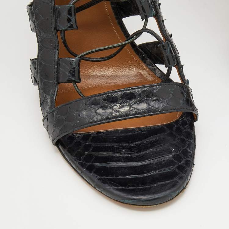 Pre Owned Aquazzura Black Watersnake Leather Amazon Lace Up Open Toe Sandals Size 36
